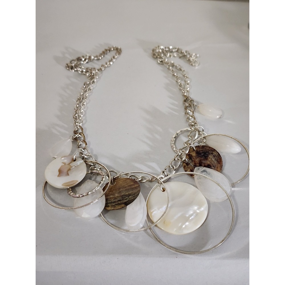 Silver Tone Mother of Pearl Shell Statement Necklace White Bead Bib Boho